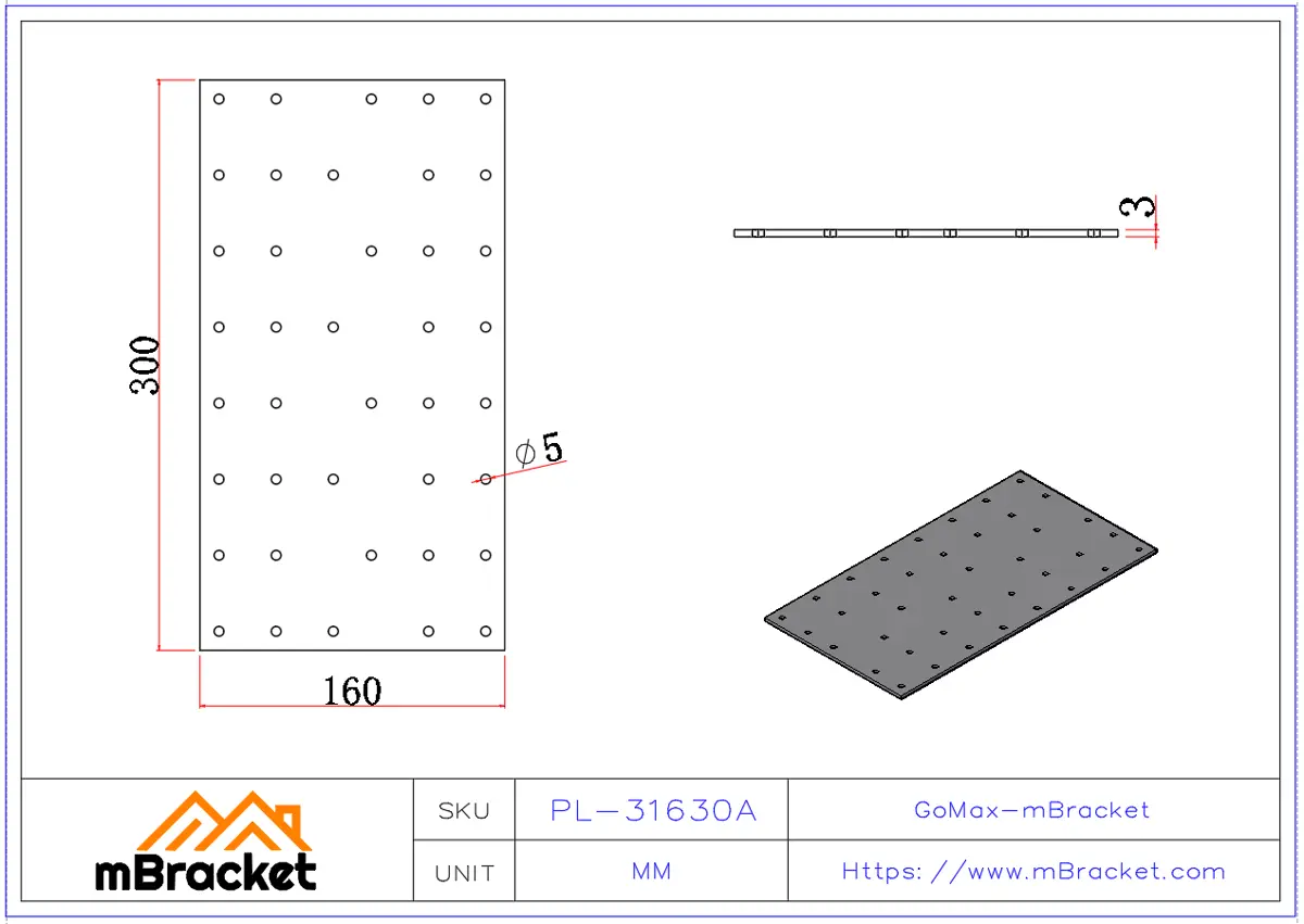 Flachverbinder, Nagelplatte, Trägerverbinder, Holz-Dach-Metallverbinder, 3 mm dick - 3*160*300 Produktabmessungen