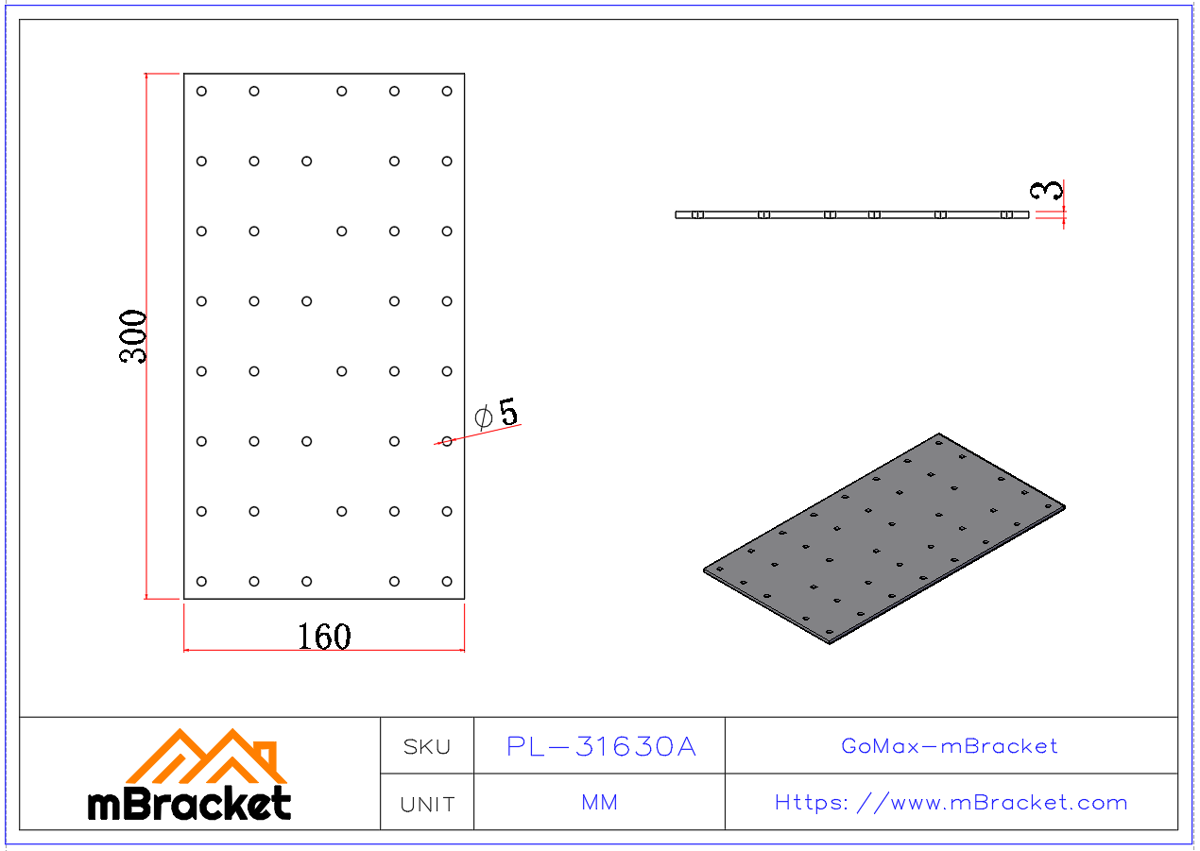 Flachverbinder, Nagelplatte, Trägerverbinder, Holz-Dach-Metallverbinder, 3 mm dick - 3*160*300 Produktabmessungen