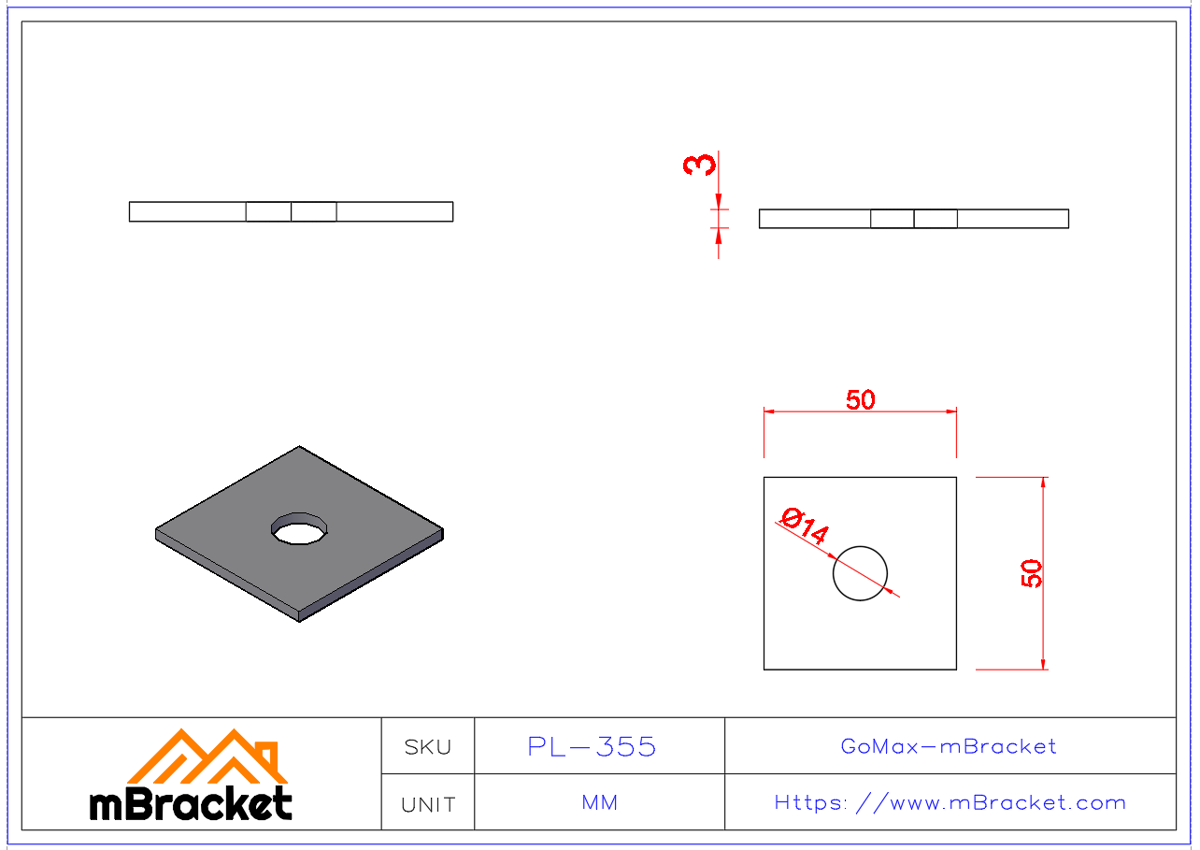 Vierkant-Flachscheibe, überdimensionierte dicke Unterlegscheibe, Bau-Hardware - 3*50*50 Produktabmessungen