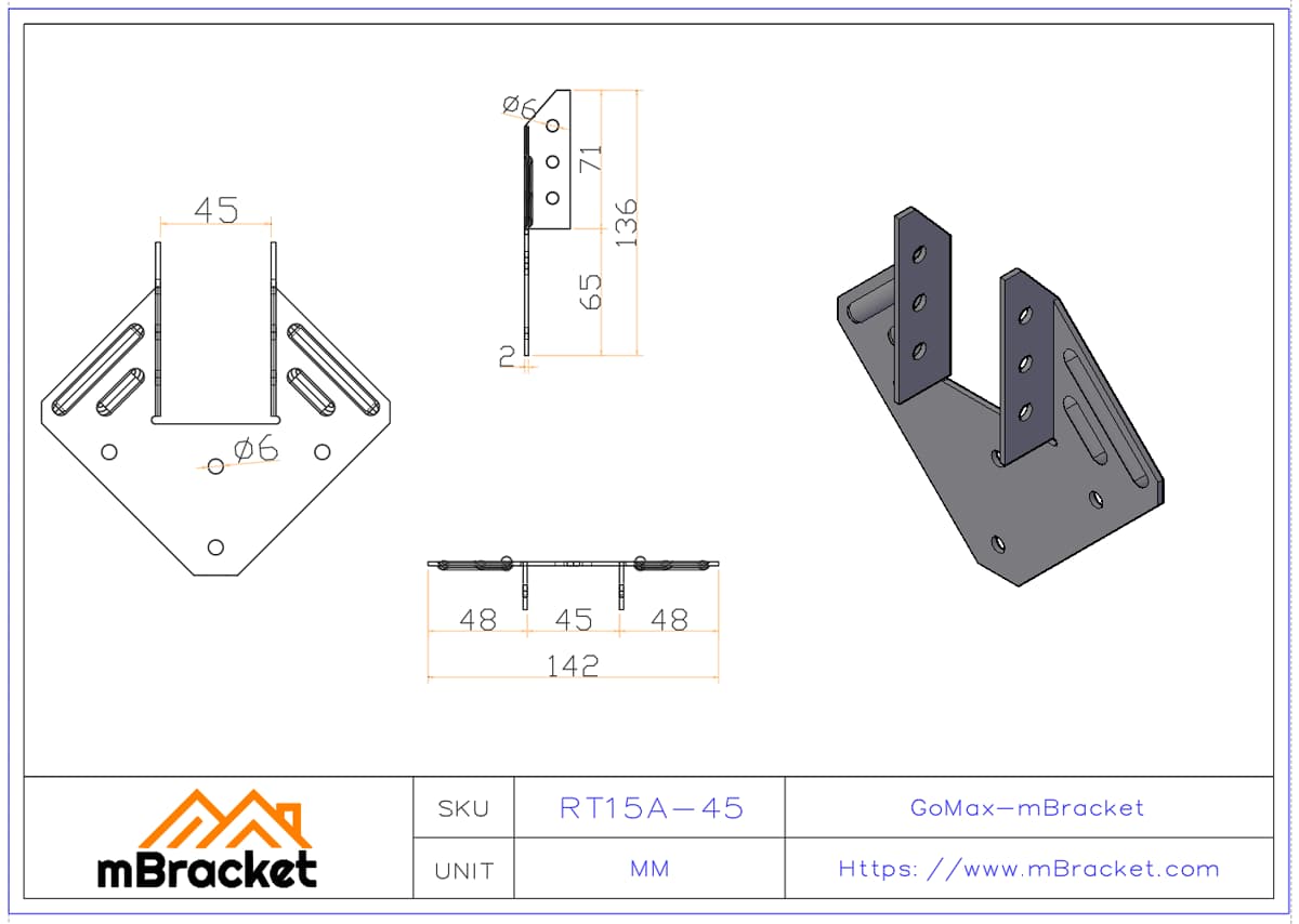 Conector para huracanes Conector diamante Refuerzo antiviento para casa de madera Conector para viguetas y vigas - 2.0*142*135 Dimensiones del producto