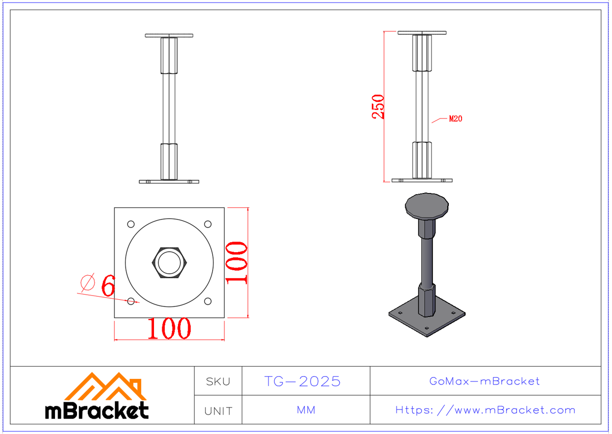 Gewindespindel / Stellschraube / Teleskopschraube / Holzverbinder - 20*250 Produktabmessungen