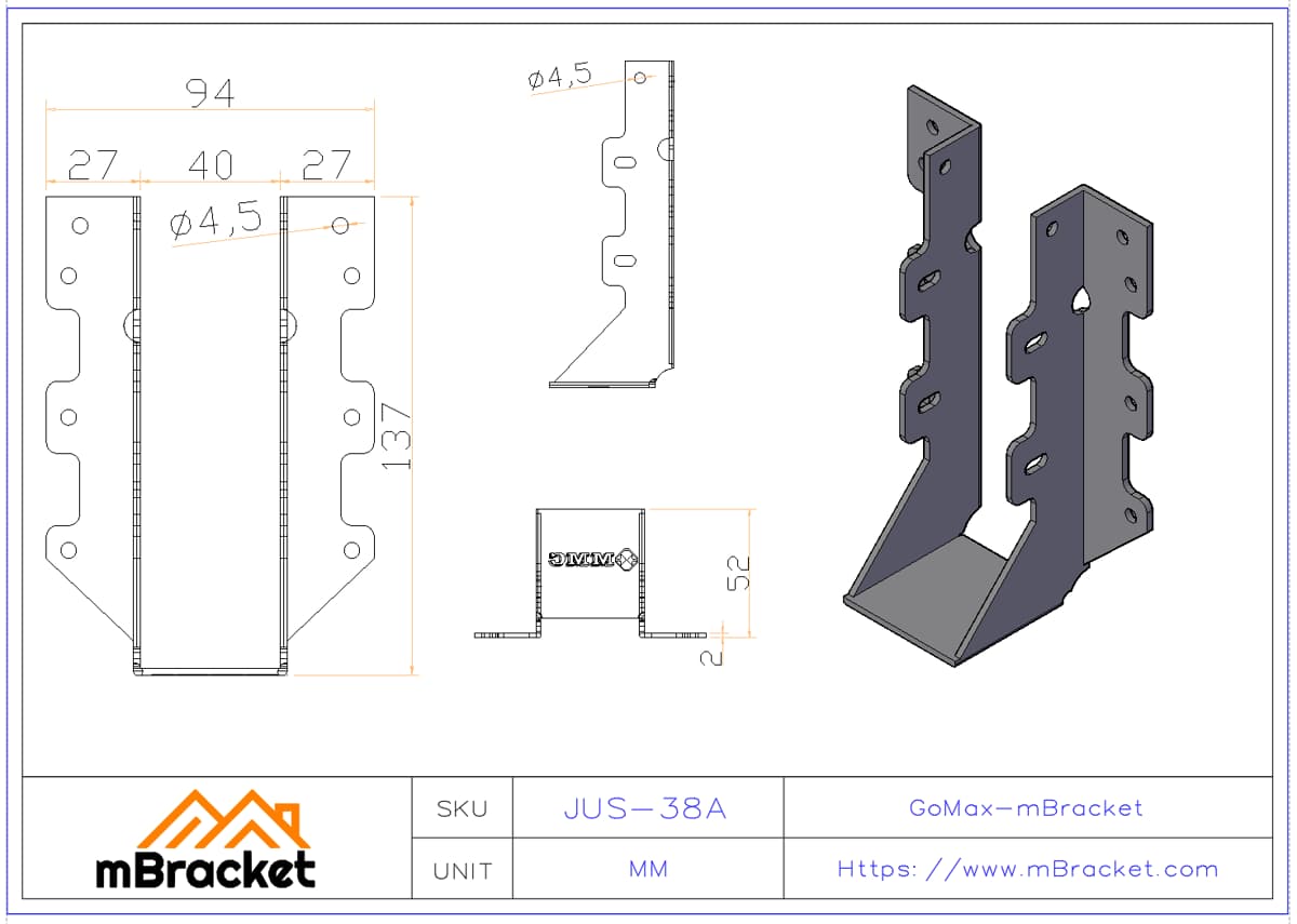 Holzstruktur U-Trägerhänger 38mm Schwelle Horizontalverbinder - 2*38*135 Produktabmessungen