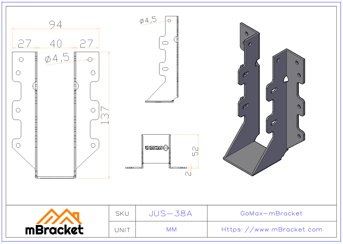 Suporte de viga em U para estrutura de madeira 38mm Viga de travamento Conector horizontal - 2*38*135 Dimensões do produto