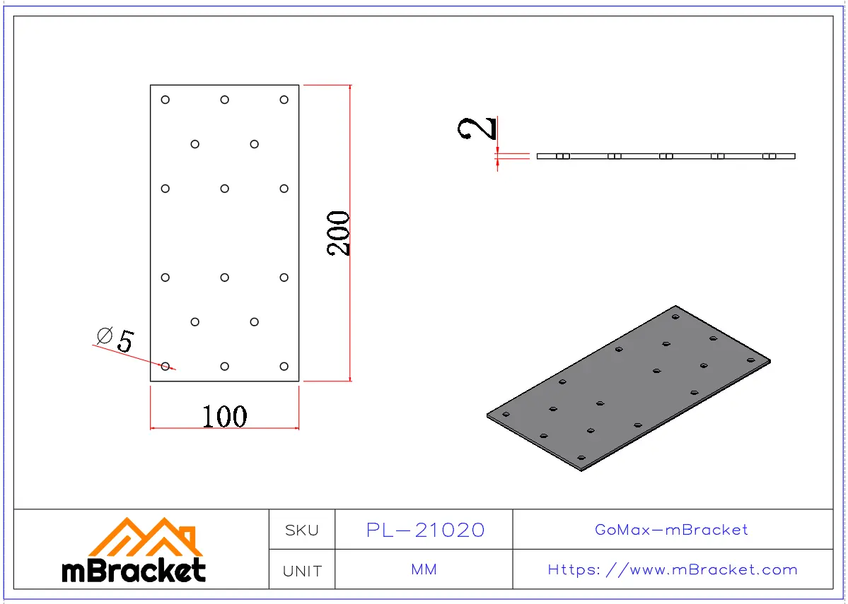 Conector de viga plano Placa de refuerzo para estructuras de acero y madera - 2*100*200 Dimensiones del producto