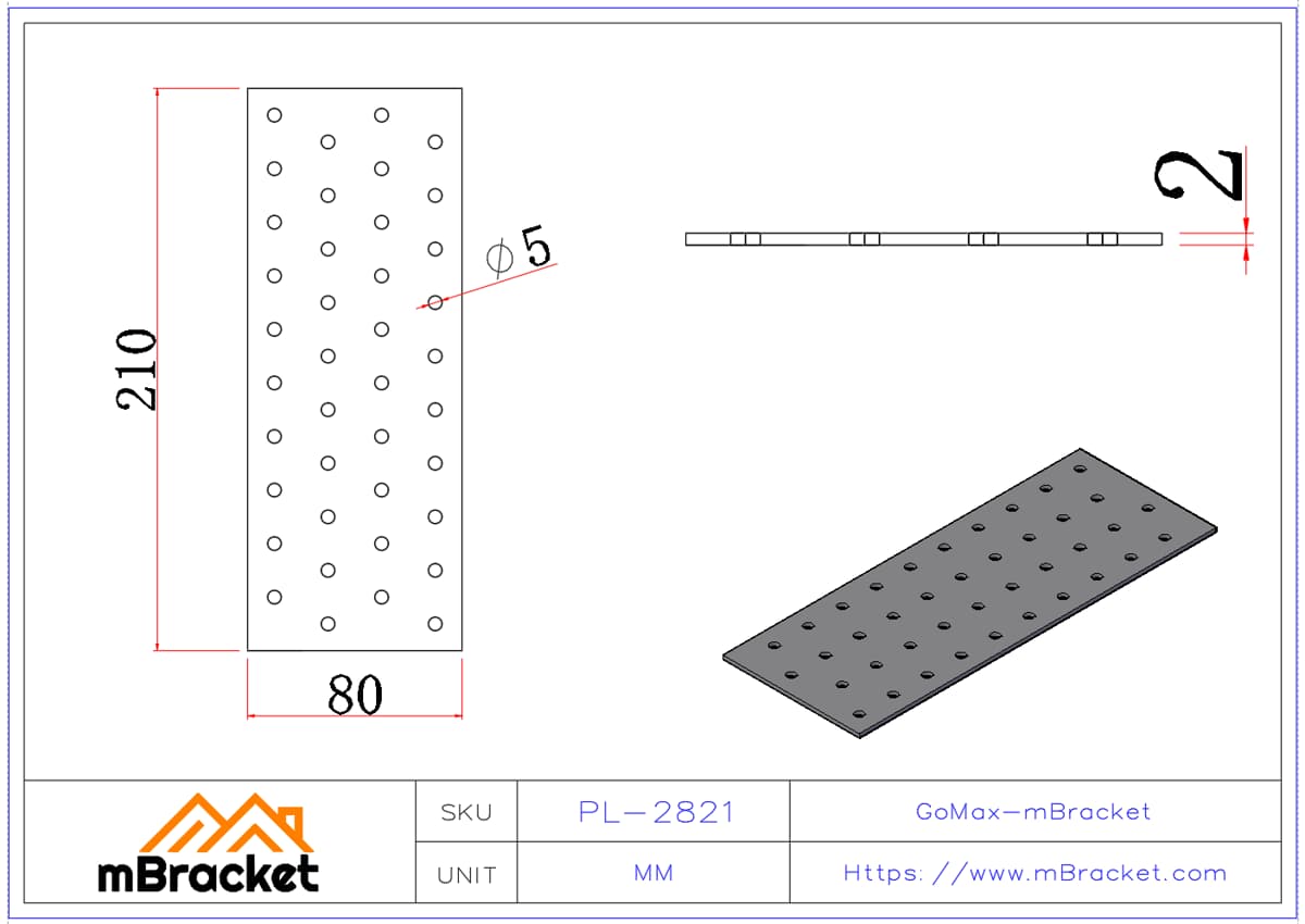 Nagelplattenverbinder / Flachplattenverbinder / Holzträgerverbinder / Leichtbaustahlverbinder - 2*80*210 Produktabmessungen