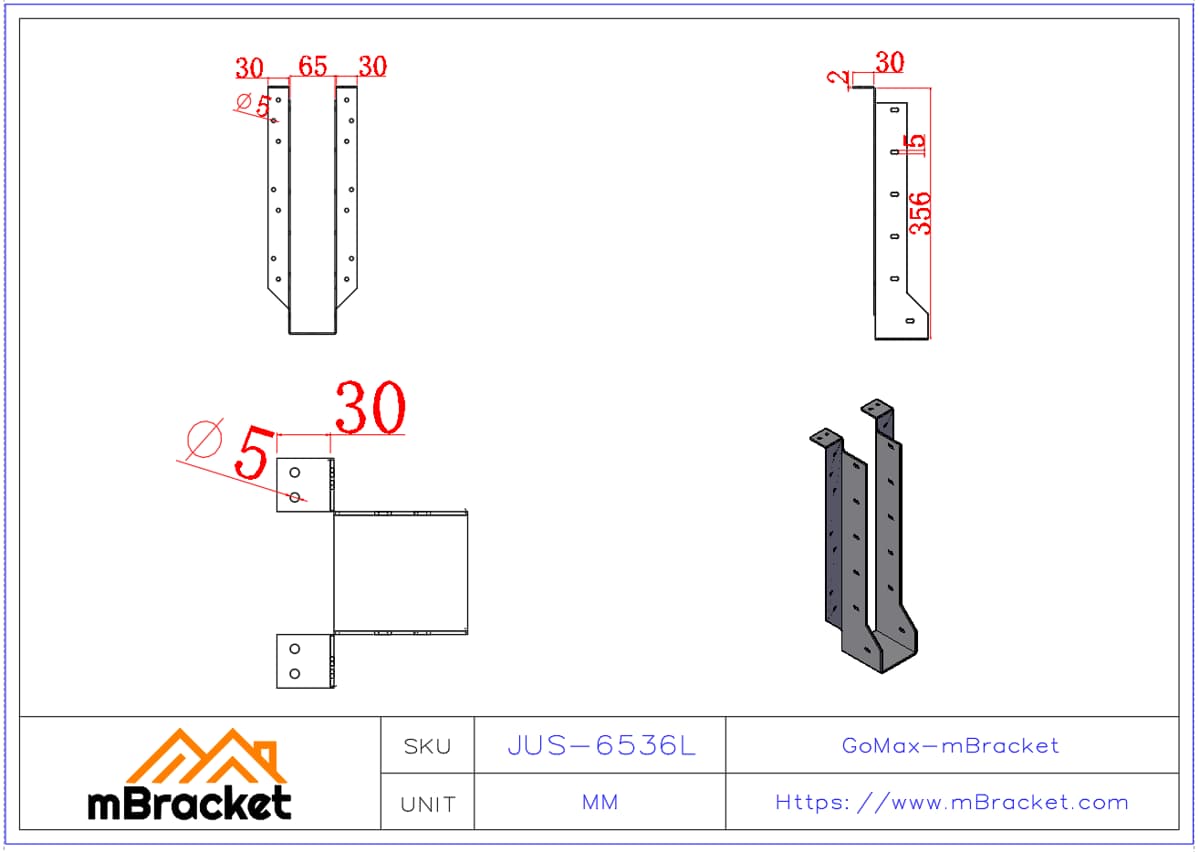 I-Träger Verbinder Balkenträger Holzstruktur Halterung - 2*65*356 Produktabmessungen