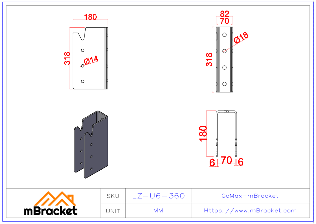 Verdeckter U-förmiger Balken-Stützen-Verbinder für japanische Holzkonstruktionen - 6*82*318 Produktabmessungen