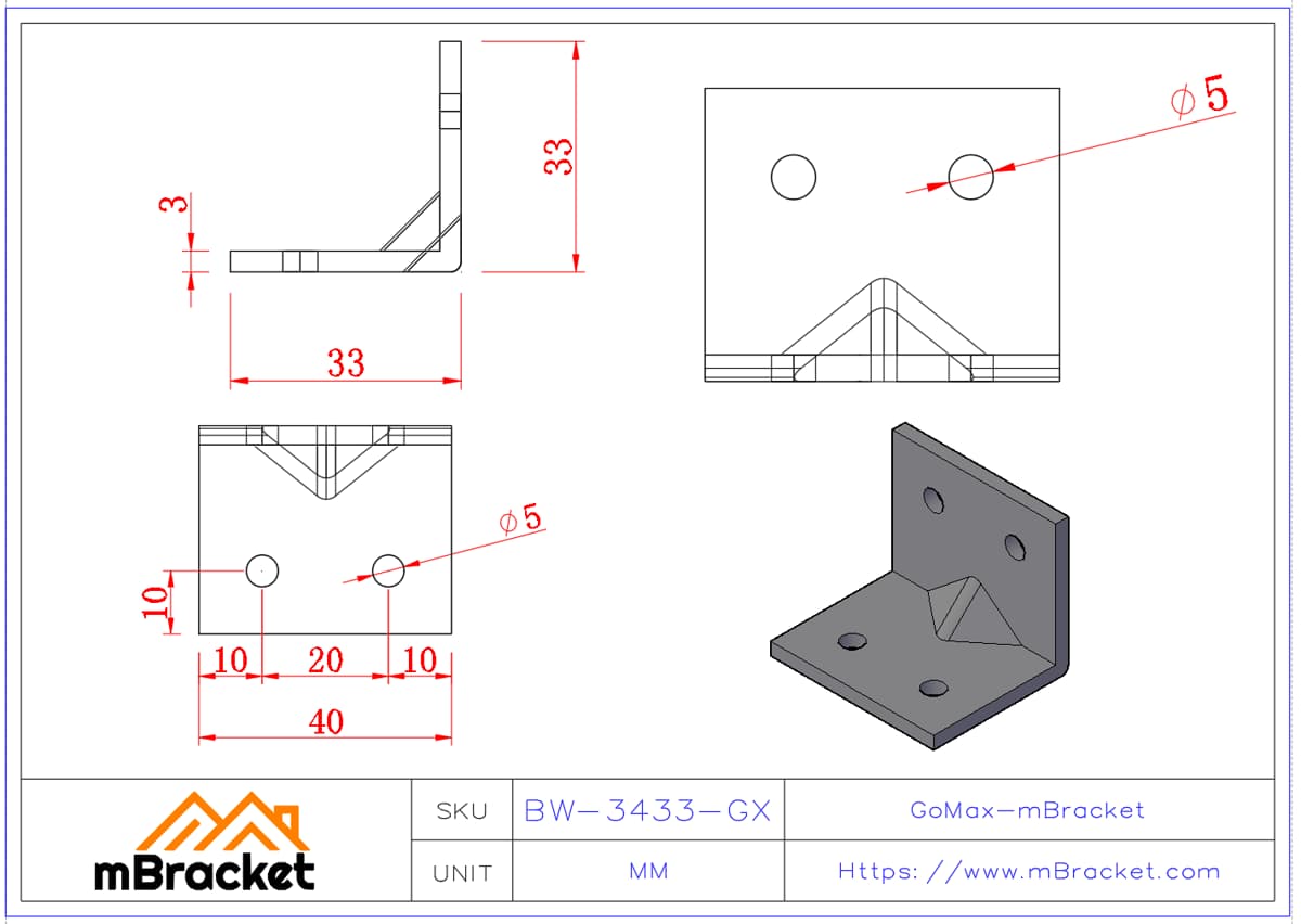 Conector en forma de L - 3*40*35*35 Dimensiones del producto