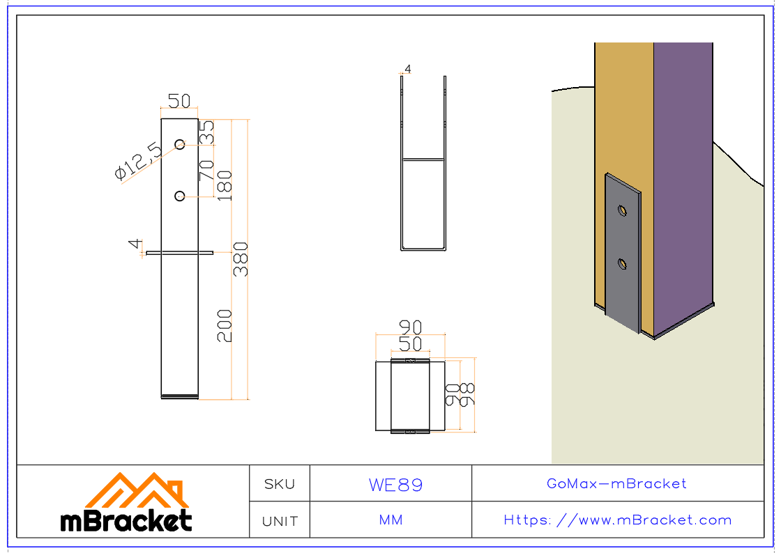 Fester Pfostenträger für Holzrahmen-Villa Metallverbinder - 4.0*89*380 Produktabmessungen