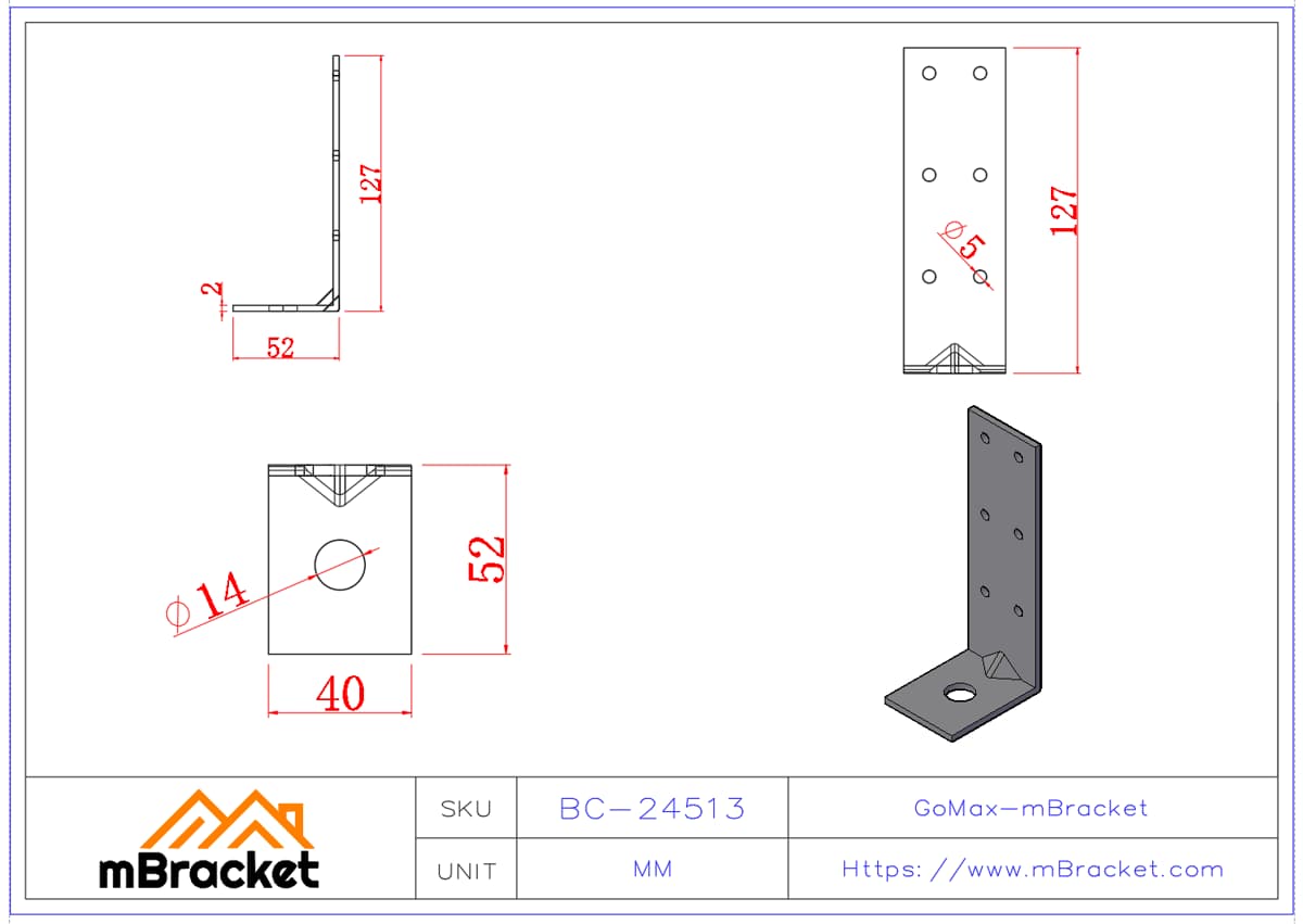 Conector de ángulo en L - 2*40*50*130 Dimensiones del producto