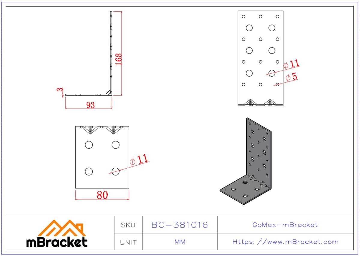 Équerre en L Connecteur d'angle en fer Matériel de renforcement de structure de construction - 3*80*90*170 Dimensions du produit