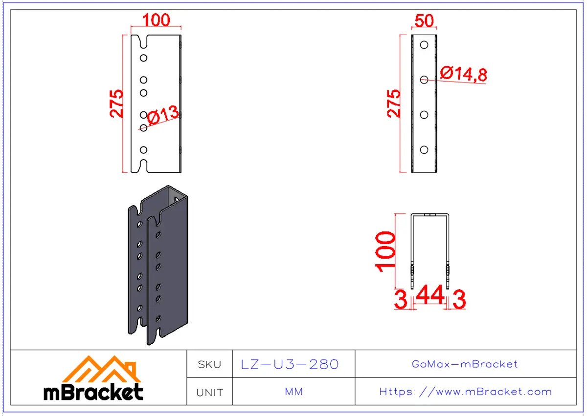 Connecteur poutre-poteau en U dissimulé pour structure bois japonaise - 3*50*275 Dimensions du produit