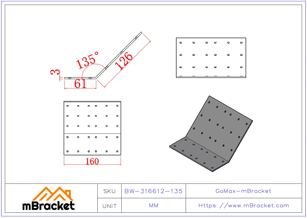 135-Degree Angle Bracket Connector Structural Reinforcement Hardware - 3*160*61*126 Product Dimensions