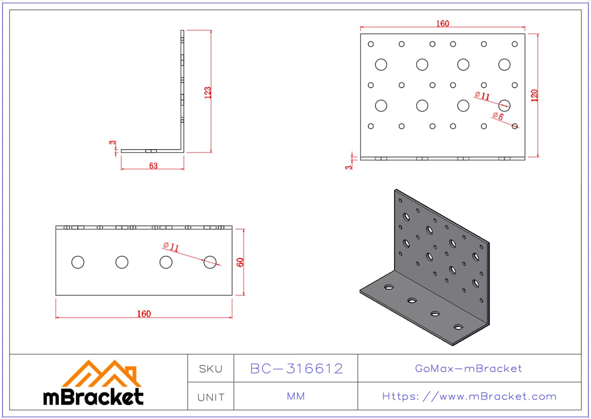 Connecteur d'angle en L Connecteur en acier Quincaillerie de construction structurelle - 3*160*60*120 Dimensions du produit