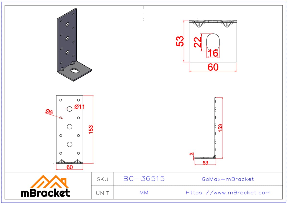 Light Gauge Uplift Connector / Light Steel Connector / Light Steel Holdown - 3*60*53*153 Product Dimensions