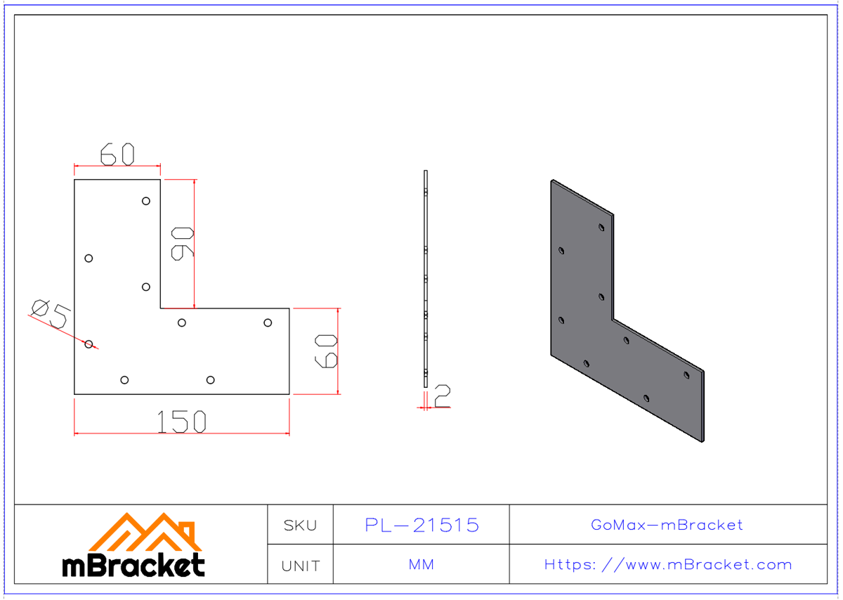 Flacher rechtwinkliger Verbinder Leichtbaustahl-Eckverbinder Winkelwinkel - 2.0*150*150 Produktabmessungen
