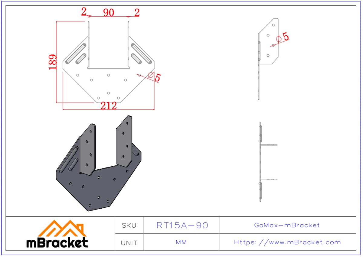Connecteurs en acier léger Attaches anti-ouragan Tirants anti-vent en forme de losange Connecteurs pour solives et poutres Connecteurs métalliques pour maisons en bois - 2*90*189*212 Dimensions du produit